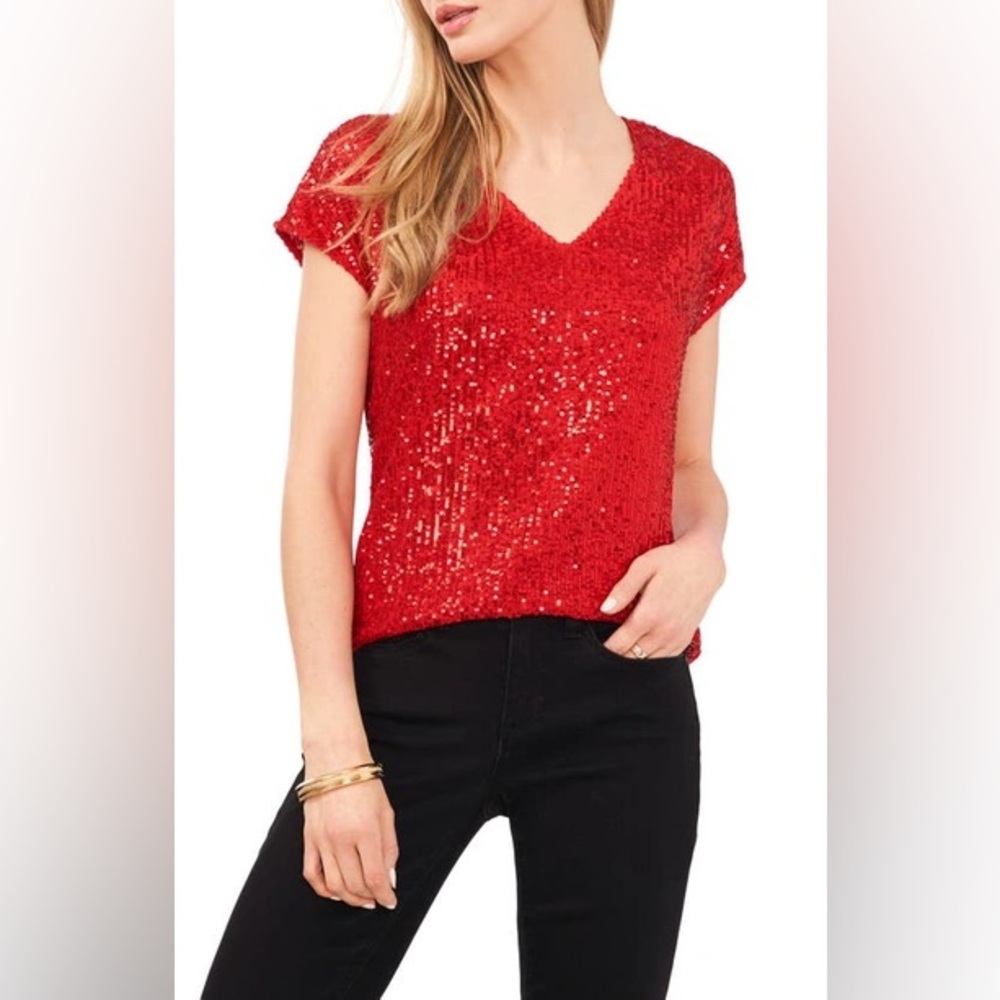 Vince Camuto NWT red sequin cap sleeve blouse in ultra red sparkle & shine